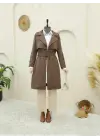 İç Astarlı Düğmeli Kemerli Trençkot  -Kahve