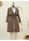İç Astarlı Düğmeli Kemerli Trençkot  -Kahve