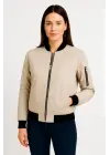 Içi Astarlı Fermuarlı Bej Bomber Mont