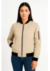 Içi Astarlı Fermuarlı Bej Bomber Mont