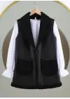 Siyah İçi Kuzu Peluş Çift Cepli Yelek Kadın Giyim