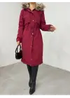 Bordo İçi Peluşlu Sabit Kapşonlu Uzun Mont Kadın Giyim
