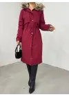 Omarı Pelüşlu Kapşonlu Uzun Mont - Bordo