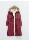 Bordo İçi Peluşlu Sabit Kapşonlu Uzun Mont Kadın Giyim
