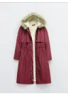 Omarı Pelüşlu Kapşonlu Uzun Mont - Bordo