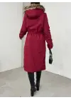 Bordo İçi Peluşlu Sabit Kapşonlu Uzun Mont Kadın Giyim