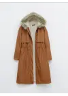 Omarı Pelüşlu Kapüşonlu Uzun Mont - Hardal