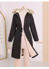 İçi Peluşlu Sabit Kapşonlu Tünel Bağcıklı Uzun Mont -Siyah