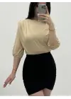 İçi Tulumlu Omuzdan Büzgülü Vatkalı Sendy Bluz -Bej