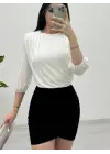İçi Tulumlu Omuzdan Büzgülü Vatkalı Sendy Bluz -Beyaz