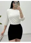 Omarı Omuzdan Büzgülü Vatkalı Sendy Bluz - Beyaz