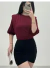 İçi Tulumlu Omuzdan Büzgülü Vatkalı Sendy Bluz -Bordo