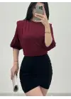 Omarı Omuzdan Büzgülü Vatkalı Bordo Sendy Bluz