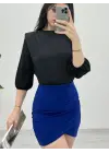 İçi Tulumlu Omuzdan Büzgülü Vatkalı Sendy Bluz -Siyah