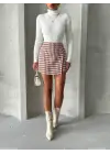 İki düğmeli kaz ayağı desen ch kumaş şort etek bordobeyaz h26414