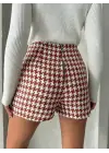 İki düğmeli kaz ayağı desen ch kumaş şort etek bordobeyaz h26414