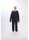 Iki Iplik Kapüşonlu Fermuarlı Crop Oversize Hırka Takım- Lacivert
