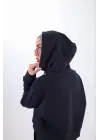 Omarı Kapüşonlu Crop Oversize Hırka Takımı - Lacivert