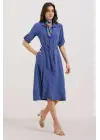 İndigo Kuşaklı Gömlek Elbise 2442