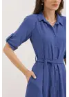 İndigo Kuşaklı Gömlek Elbise 2442