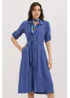 İndigo Kuşaklı Gömlek Elbise 2442