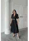 Omarı Işıltılı Kruvaze Siyah Elbise