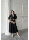 Omarı Işıltılı Kruvaze Siyah Elbise