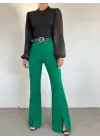 İspanyol Paça Yırtmaçlı Kemerli Pantolon -Yeşil