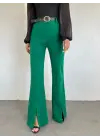 İspanyol Paça Yırtmaçlı Kemerli Pantolon -Yeşil