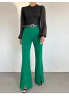 İspanyol Paça Yırtmaçlı Kemerli Pantolon -Yeşil