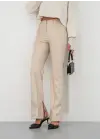 İspanyol yırtmaçlı paça deri pantolon bej hn