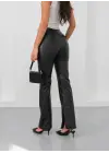 İspanyol yırtmaçlı paça deri pantolon siyah hn