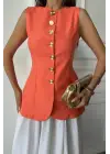 JAKAR KETEN YELEK BELDEN OTURTMALI GOLD DÜĞMELİ - Orange