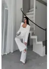 JAKARLI BLUZU TASARIM DETAYLI CEKET-PANTOLON-BLUZ 3 LÜ TAKIM - Beyaz