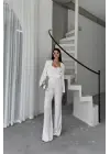 JAKARLI BLUZU TASARIM DETAYLI CEKET-PANTOLON-BLUZ 3 LÜ TAKIM - Beyaz
