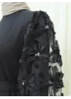 Kabartma Çiçekli Tül Kollu Kemerli Elbise -Siyah