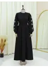 Kabartma Çiçekli Tül Kollu Kemerli Elbise -Siyah