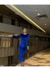Omarı Vatka Detaylı Kadife Midi Boy Elbise