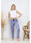 Mavi Kadife Pijama Altı Siyah Pontiye Desenli Kadın Giyim