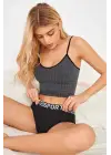Omarı Antrasit Gri İp Askılı Crop Top Bluz