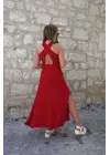 Kadın Arkadan çapraz Detay Yuvarlak Yaka Maksi Viskon Elbise