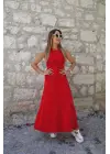 Kadın Arkadan çapraz Detay Yuvarlak Yaka Maksi Viskon Elbise