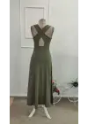 Kadın Arkadan çapraz Detay Yuvarlak Yaka Maksi Viskon Elbise