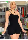 Kadın Asimetrik Askılı Mini Kaşkorse Bodycon Tulum
