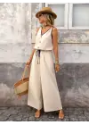 Kadın Askıdan Bağlamalı V Yakalı Belden Süs Bağcıklı Tulum