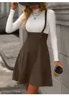 Kadın Askılı Düğmeli Mini Süet Elbise