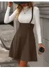 Kadın Askılı Düğmeli Mini Süet Elbise
