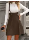 Kadın Askılı Düğmeli Mini Süet Elbise