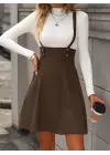 Kadın Askılı Düğmeli Mini Süet Elbise