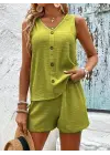 Kadın Askılı Kolsuz V Yakalı önden Düğmeli Bürümcük Bluz Ve Short Ikili Takım